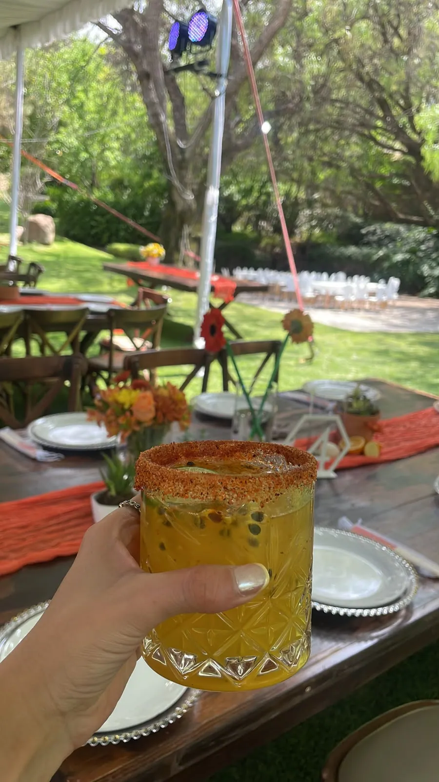 Bebida escarchada servida en una mesa de jardín