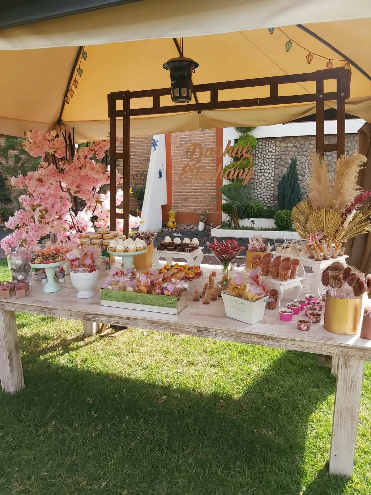 Mesa de postres con flores rosas bajo una carpa